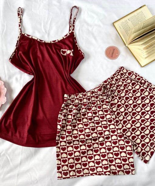 Pyjama Short Coton Rouge Imprimé Cœurs