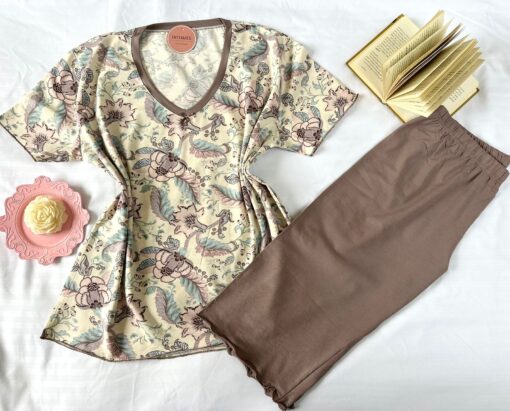 Pyjama Coton Pantacourt Taupe – Image 1
