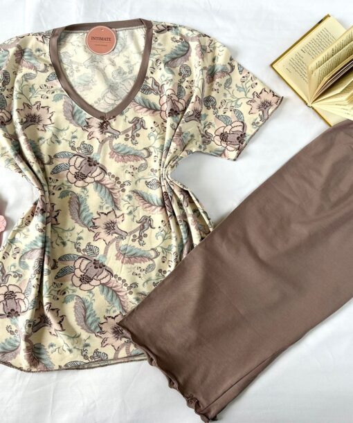 Pyjama Coton Pantacourt Taupe