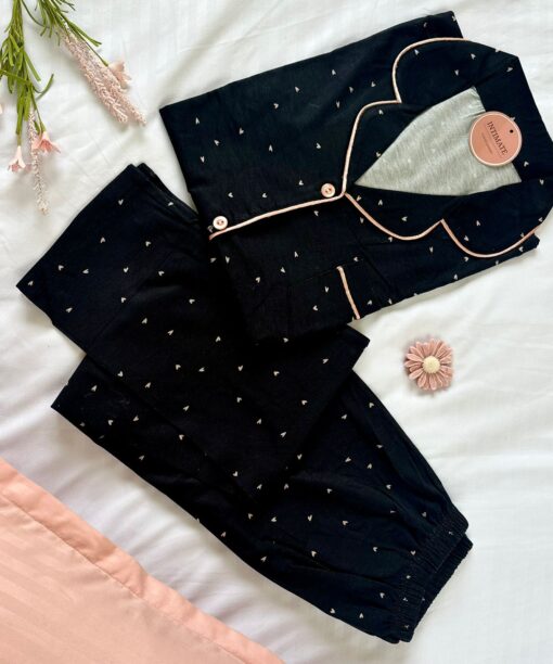 Pyjama Chemise Demi Manches Coton Noir Pointillé Rose