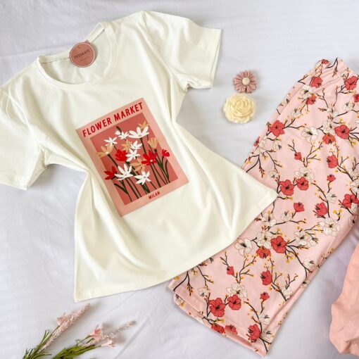 Pyjama Coton Pantacourt Rose & Blanc Fleurie