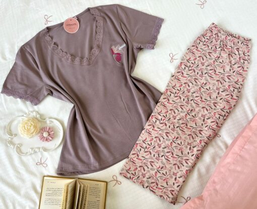 Pyjama Coton Pantacourt Taupe & Beige – Image 1