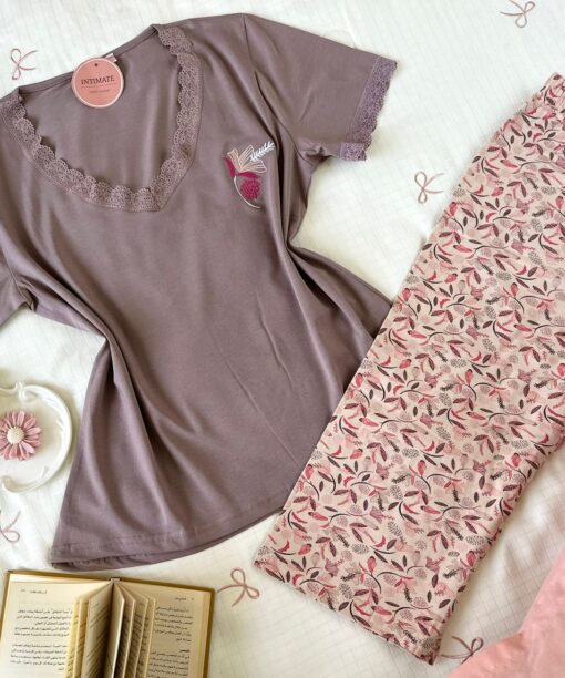 Pyjama Coton Pantacourt Taupe & Beige