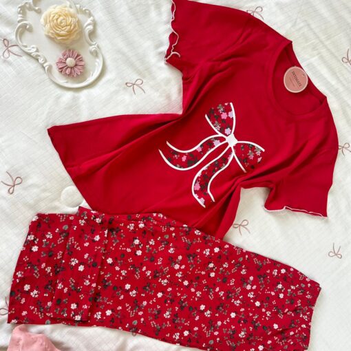 Pyjama Coton Pantacourt Rouge Fleurie