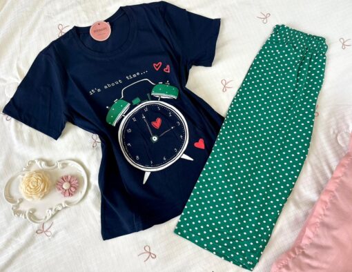 Pyjama Coton Pantacourt Bleu & Vert – Image 1