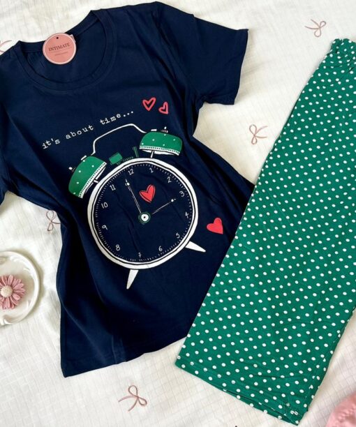 Pyjama Coton Pantacourt Bleu & Vert