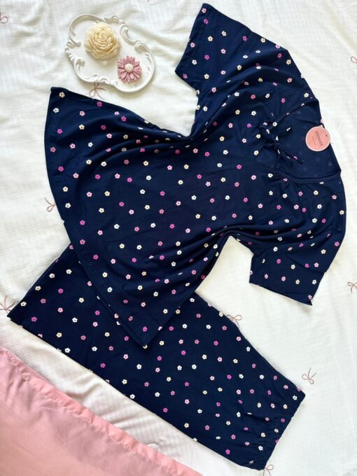 Pyjama Coton Pantacourt Bleu Pointillé – Image 1