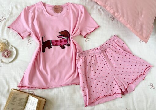 Pyjama Short Demi Manches Coton Blanc & Rose Pointillé Cœurs – Image 1