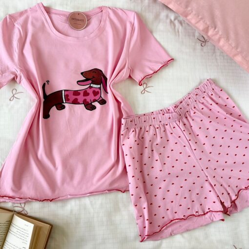 Pyjama Short Demi Manches Coton Blanc & Rose Pointillé Cœurs