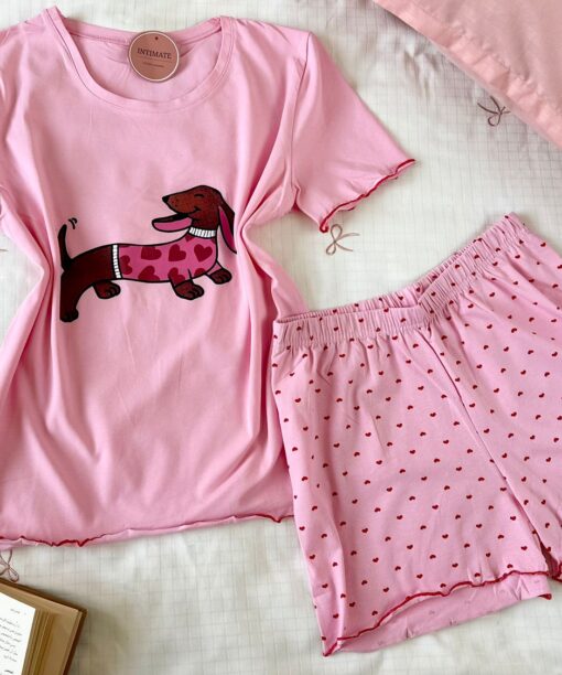 Pyjama Short Demi Manches Coton Blanc & Rose Pointillé Cœurs