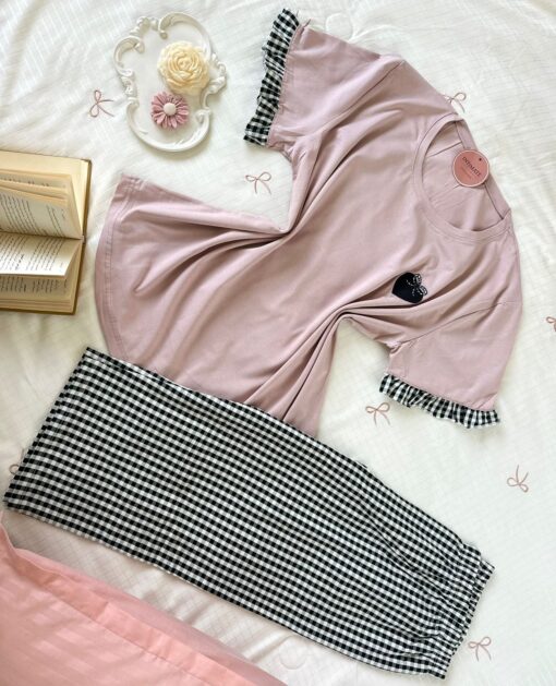 Pyjama Coton Pantacourt Beige & Carreaux – Image 1