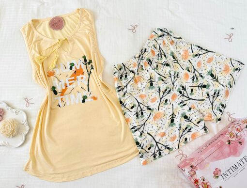 Pyjama Short Coton Jaune Imprimé Fleurs – Image 1