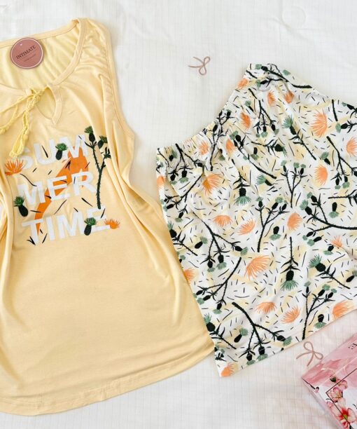 Pyjama Short Coton Jaune Imprimé Fleurs
