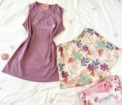 Pyjama Short Coton Vieux Rose Imprimé Fleurs – Image 1