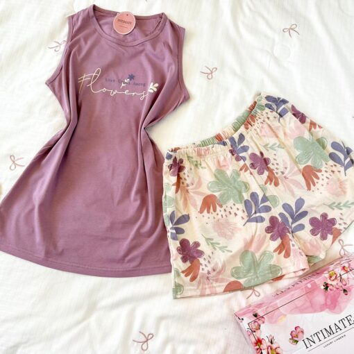 Pyjama Short Coton Vieux Rose Imprimé Fleurs