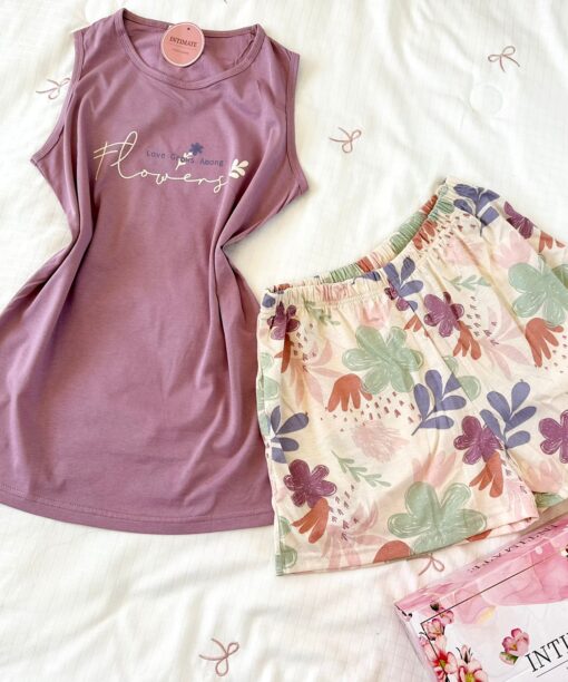 Pyjama Short Coton Vieux Rose Imprimé Fleurs