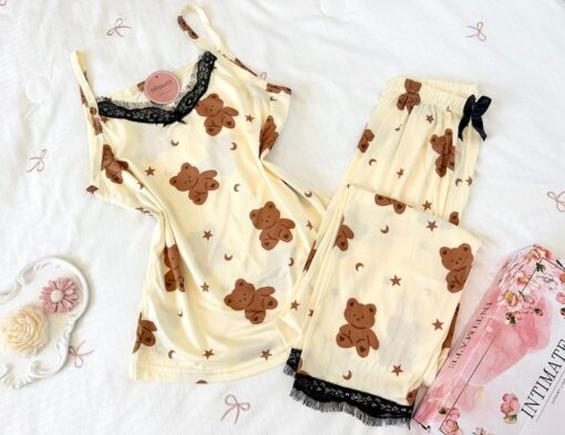 Pyjama Bambo Blanc Cassé & Dentelle Noire Imprimé Dabdoub – Image 1