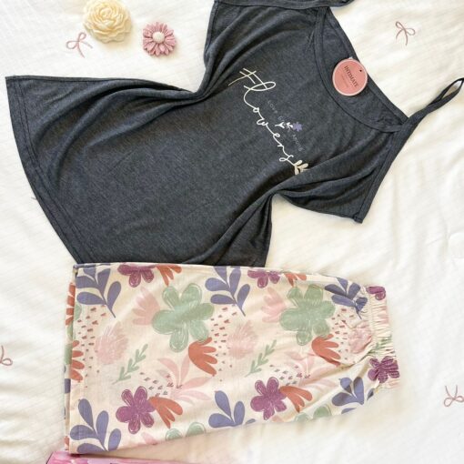 Pyjama Short Coton Gris Charbon Imprimé Fleurs