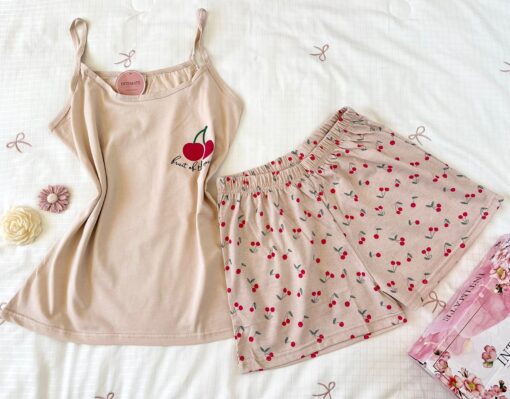 Pyjama Short Coton Beige Imprimé Cerise – Image 1