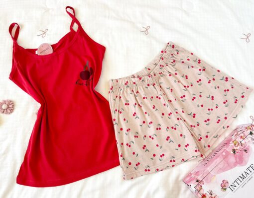Pyjama Short Coton Rouge Imprimé Cerise – Image 1