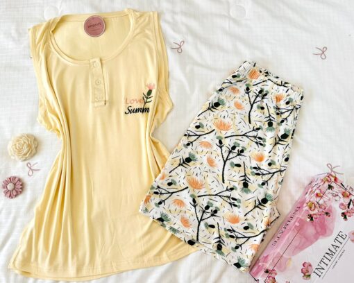 Pyjama Short Coton Jaune Imprimé Fleurs "Love Summer" – Image 1
