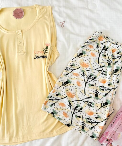 Pyjama Short Coton Jaune Imprimé Fleurs "Love Summer"