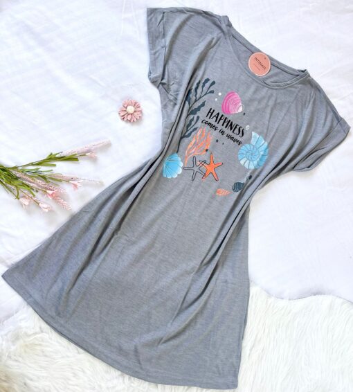 Pyjama Robe Demi Manches Coton Gris "Happiness" – Image 1