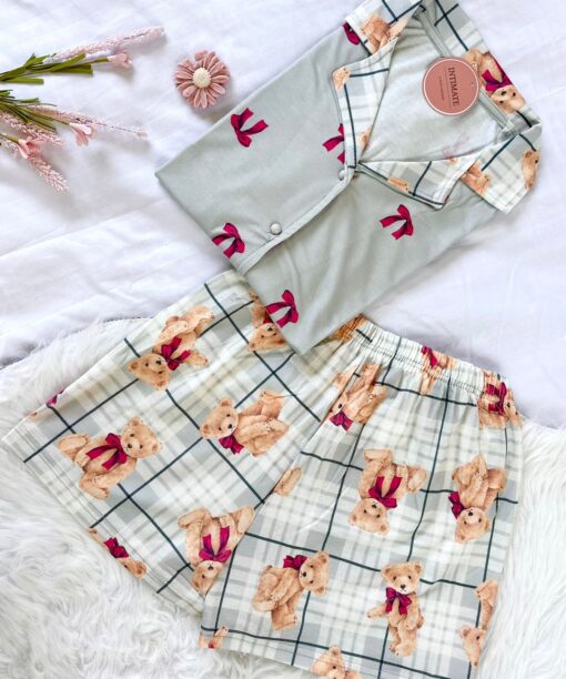 Pyjama Chemise et Short Bambo Gris Imprimé Nounours & Papillon