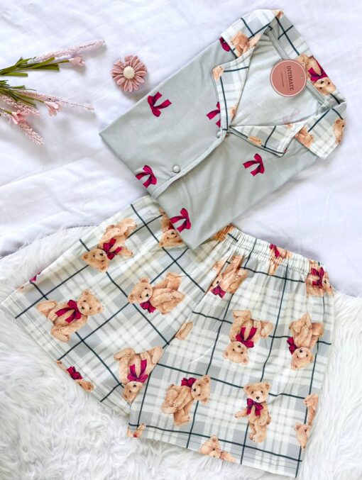 Pyjama Chemise et Short Bambo Gris Imprimé Nounours & Papillon – Image 1