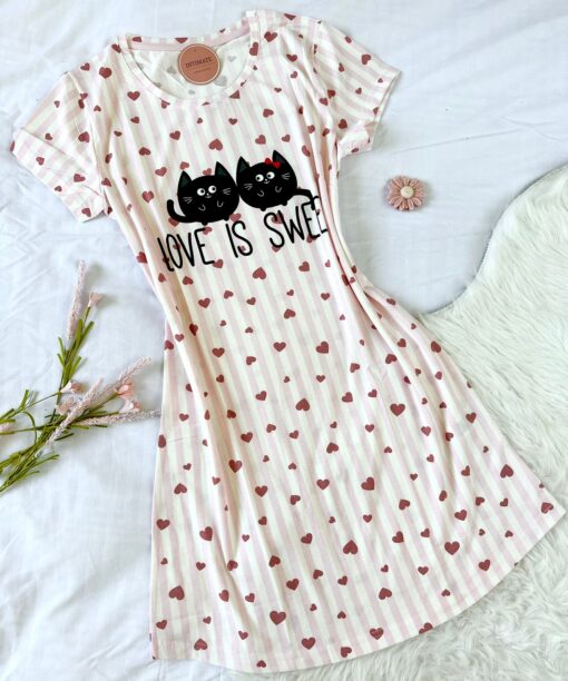 Pyjama Robe Demi Manches Coton Rose Rayé "Love Is Sweet"