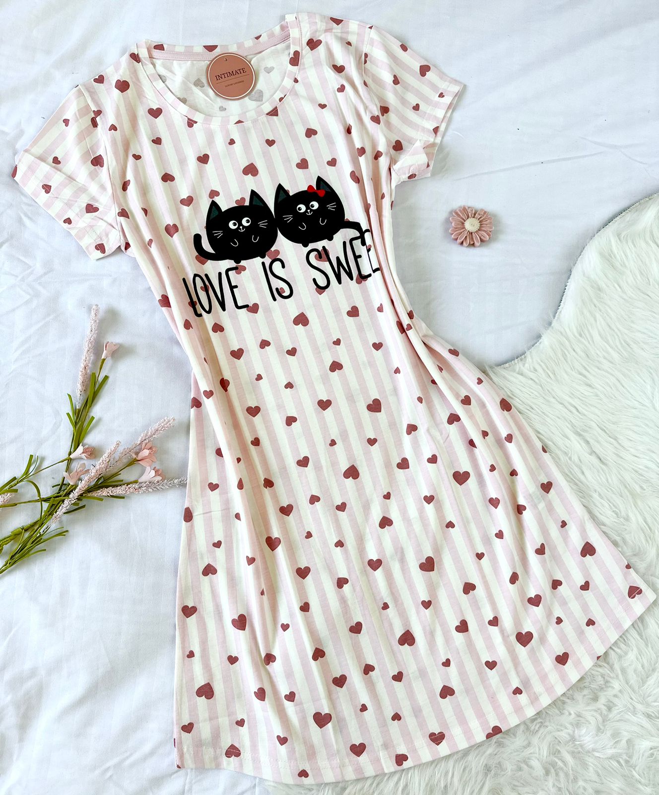 IMG-20250718-WA0167 Pyjama Robe Demi Manches Coton Rose Rayé "Love Is Sweet" – Image 1