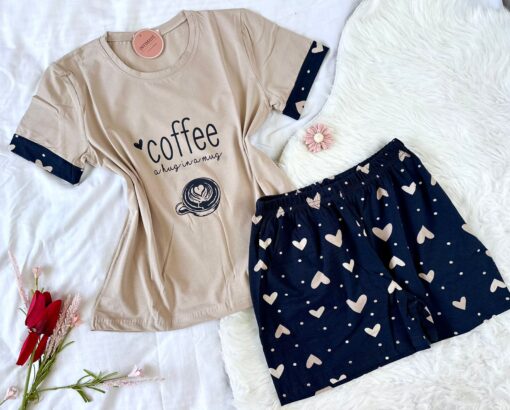 Pyjama Short Demi Manches Coton Beige "Coffee" – Image 1
