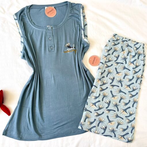 Pyjama Short Coton Bleu Ciel & Fleurie