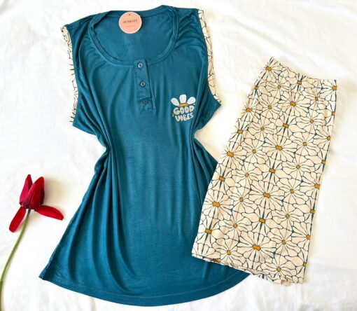 Pyjama Short Coton Bleu Canard & Fleurie – Image 1
