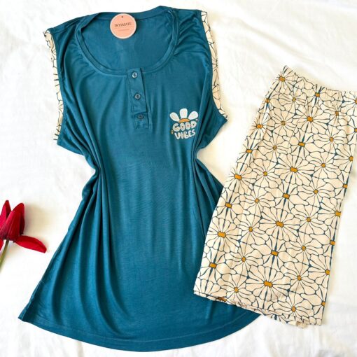 Pyjama Short Coton Bleu Canard & Fleurie