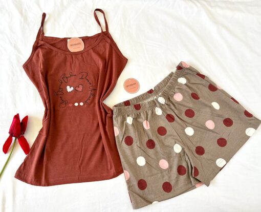 Pyjama Short Coton Taupe & Marron – Image 1