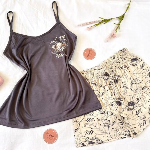 Pyjama Short Marron Fleurie