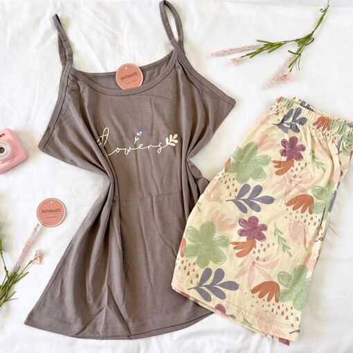 Pyjama Short Coton Taupe & Fleurie
