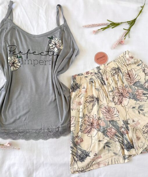 Pyjama Short Coton Gris & Fleurie "Perfect"