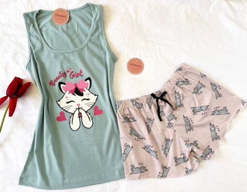 Pyjama Short Coton Vert Doux & Rose – Image 1