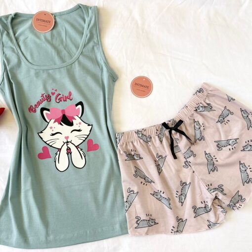 Pyjama Short Coton Vert Doux & Rose