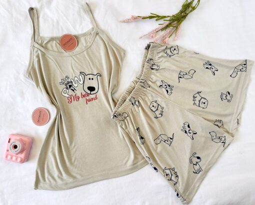 Pyjama Short Coton Beige "The Paw" – Image 1