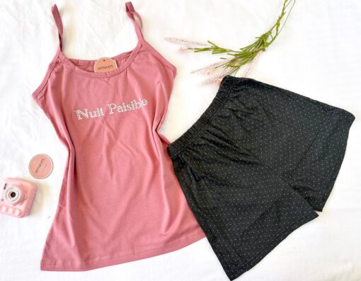 Pyjama Short Coton Noir & Rose – Image 1