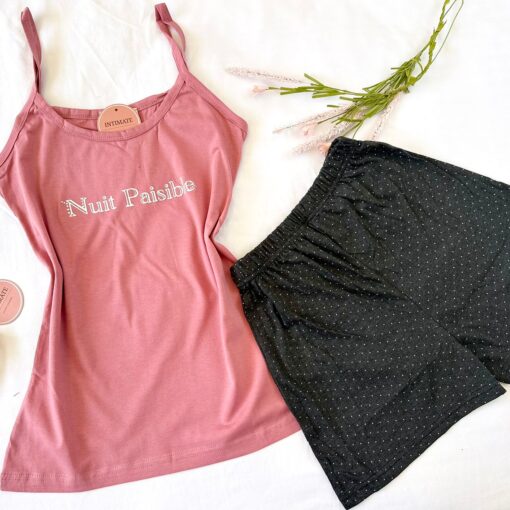 Pyjama Short Coton Noir & Rose