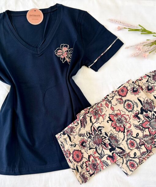 Pyjama Coton Bleu Nuit & Fleurie