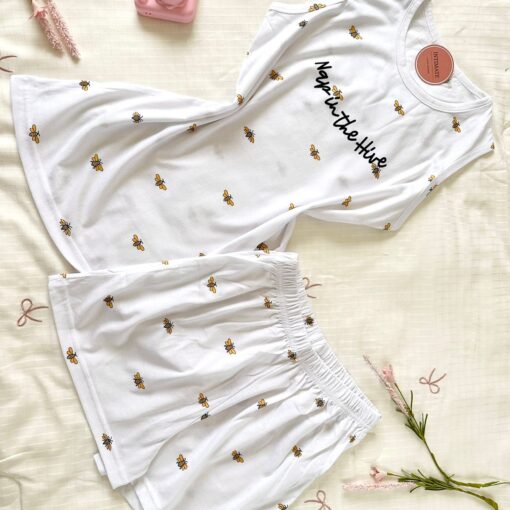 Pyjama Short Coton Blanc Imprimé Abeille