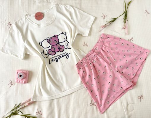 Pyjama Short Demi Manches Coton Blanc & Rose – Image 1
