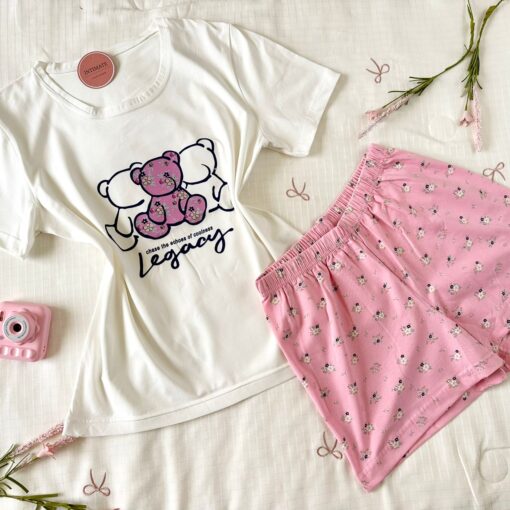 Pyjama Short Demi Manches Coton Blanc & Rose