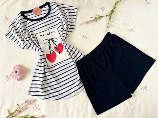 Pyjama Short Demi Manches Coton Blanc Raye & Noir "Ma Chérie" – Image 1