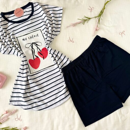 Pyjama Short Demi Manches Coton Blanc Raye & Noir "Ma Chérie"